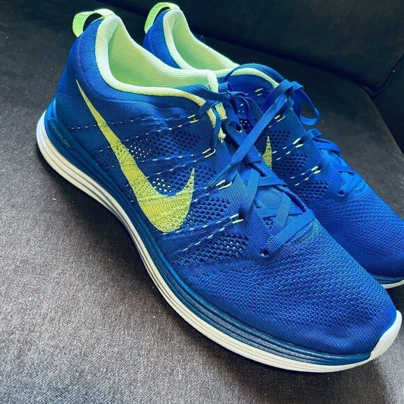 Excellent NIKE Flyknit Lunar 1 Royal Blue Yellow 12.5 US 47.5 EUR - Picture 1 of 11